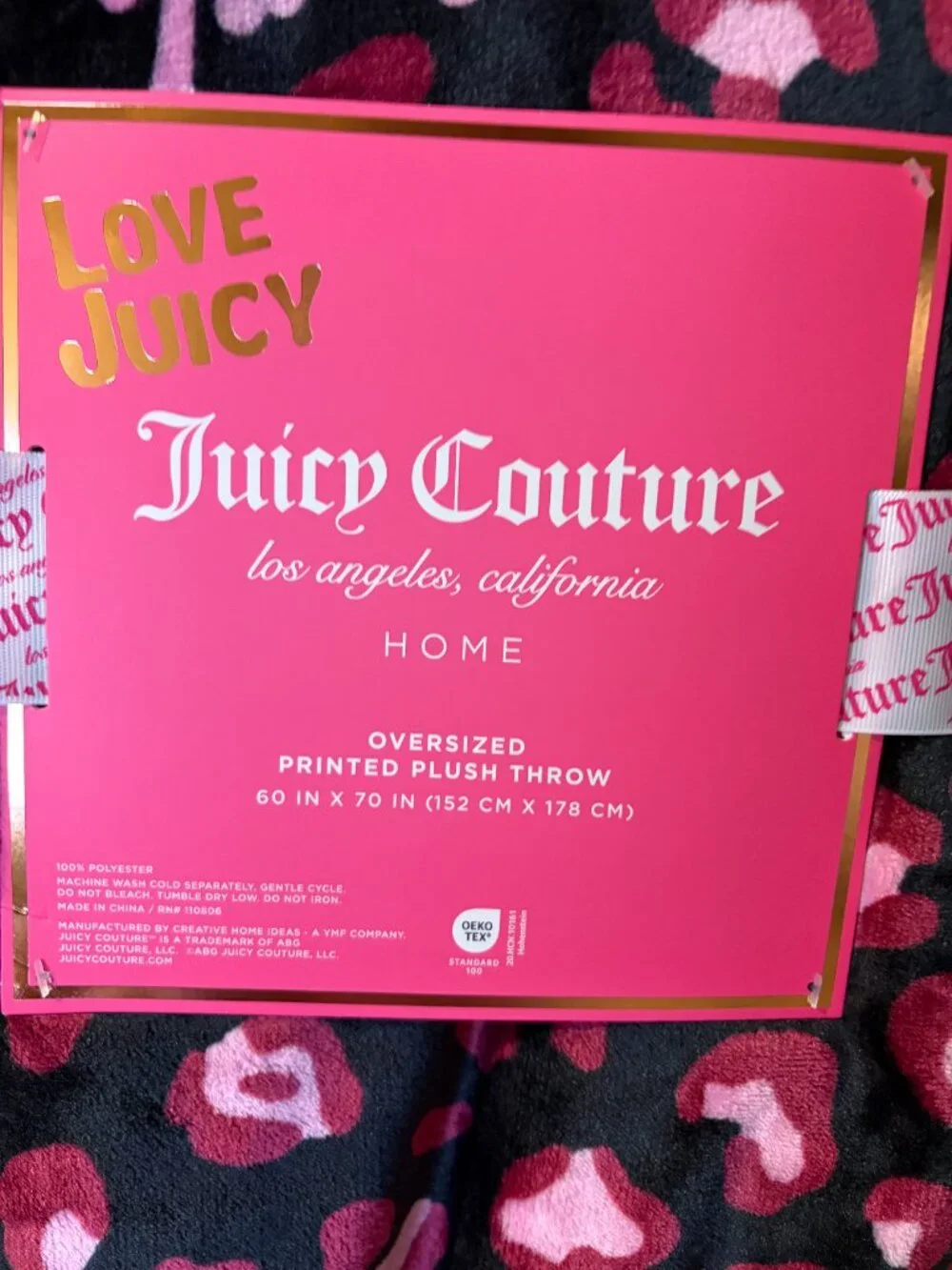 Juicy Couture Love Juicy Black Red Pink Leopard Plush Throw Blanket 60x70 Black
